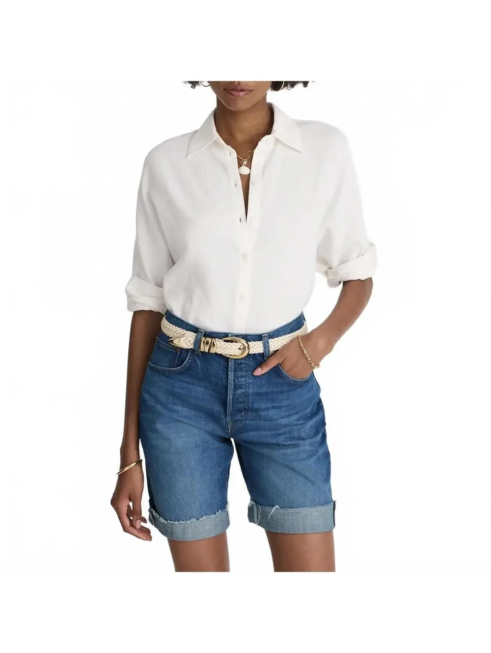 Madewell Long Baggy Cuffed Jean Shorts Rigid Blue Mifflin Wash NWT Size 25